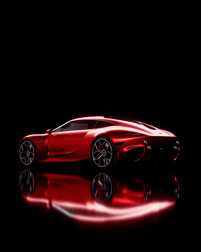 Mobil sport merah di dalam studio detailing yang gelap